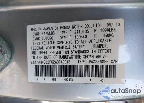 2010 Acura Tsx 2.4 из США, поврежденный, VIN JH4CU2F62AC040815